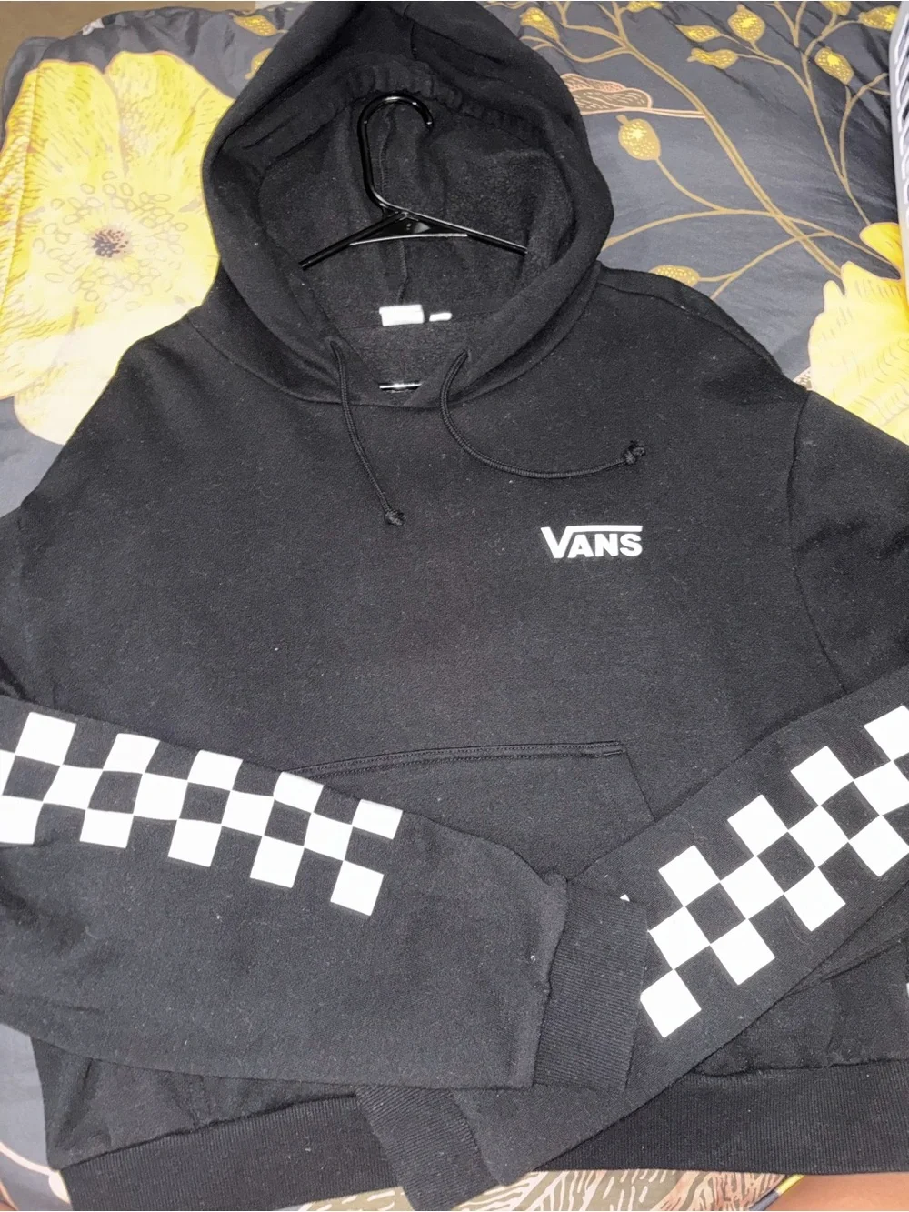 Vans Black Hoodie with White Checkerboard Sleeve Detail - Picture 2 of 5